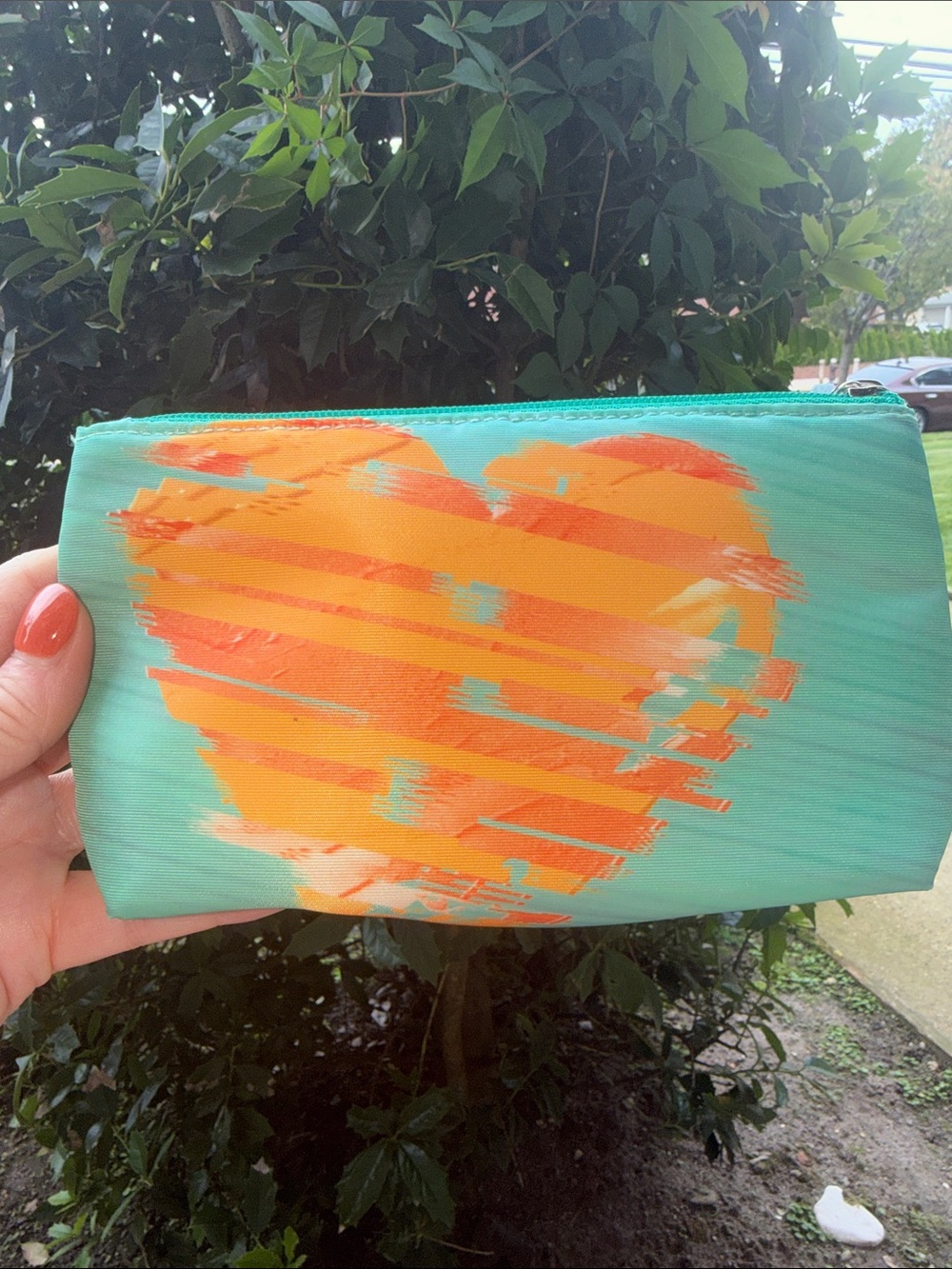 Clinique Zip Pouch with Orange Heart Brushstroke on Teal GWP(4 items Inc Pouch)
